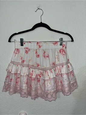 LoveShackFancy Tanisha Pink Lace Eyelet Mini Tiered Ruffle Floral Skirt